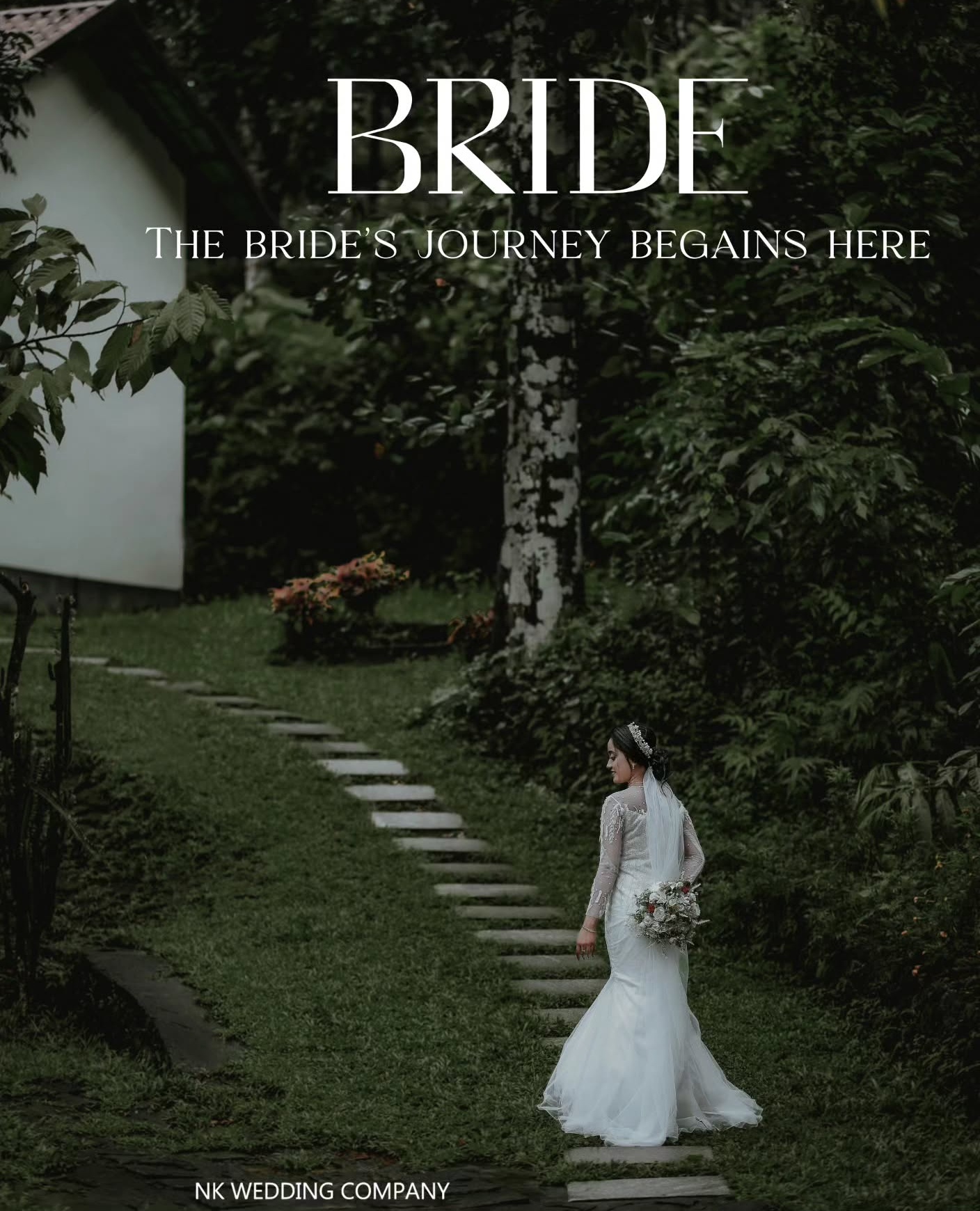 Bride walking through a lush garden